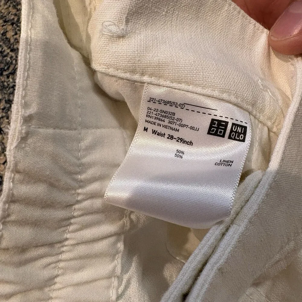 Uniqlo Women’s Linen Cotton White Tapered Pants Sz M 28-29 Zip Fly Elastic back